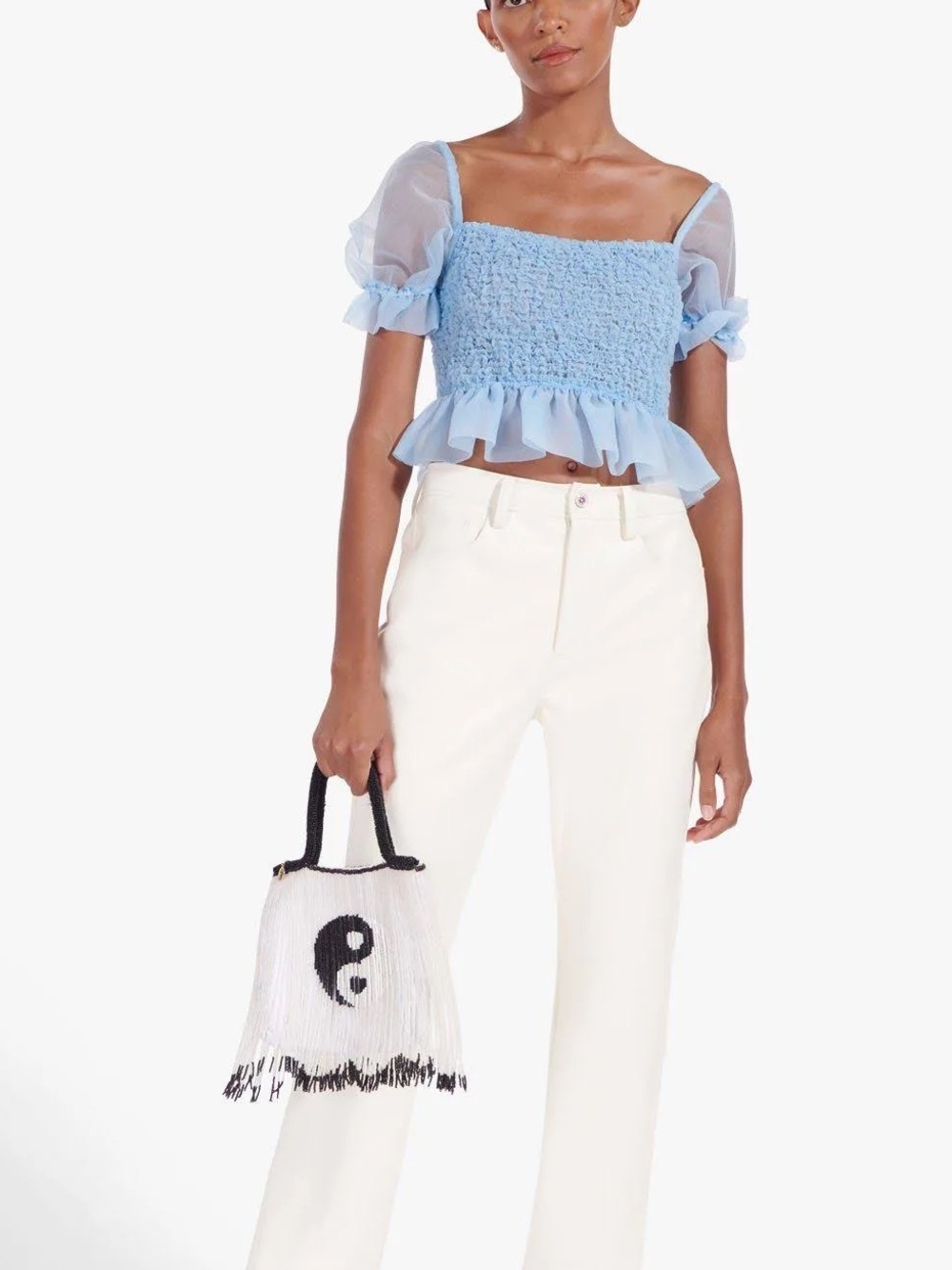 NWT STAUD Cannon Top Light Blue Smocked Ruffle French Blue Sheer Sleeves | S
